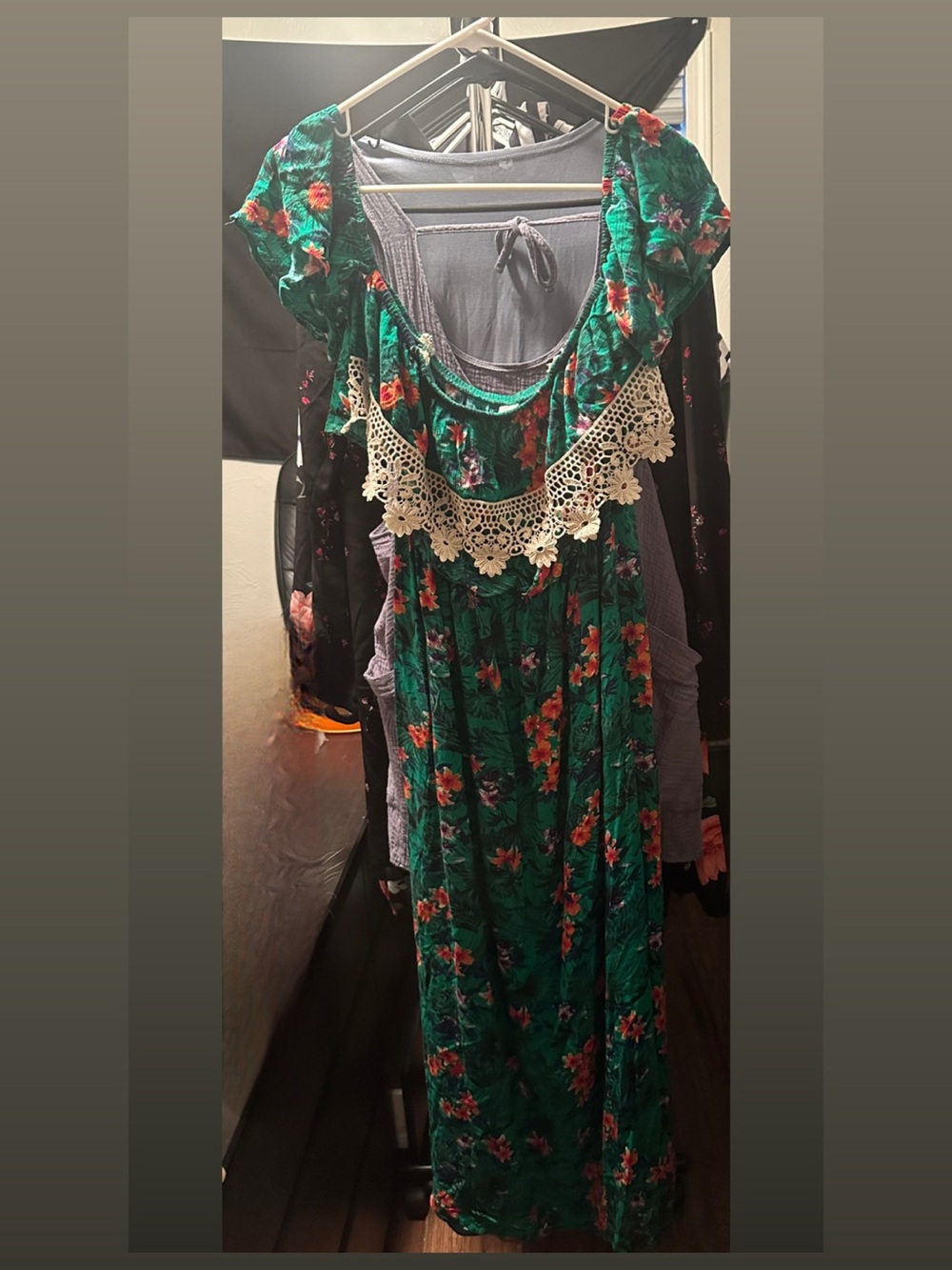 Green Floral Maxi Dress with Crochet Trim
